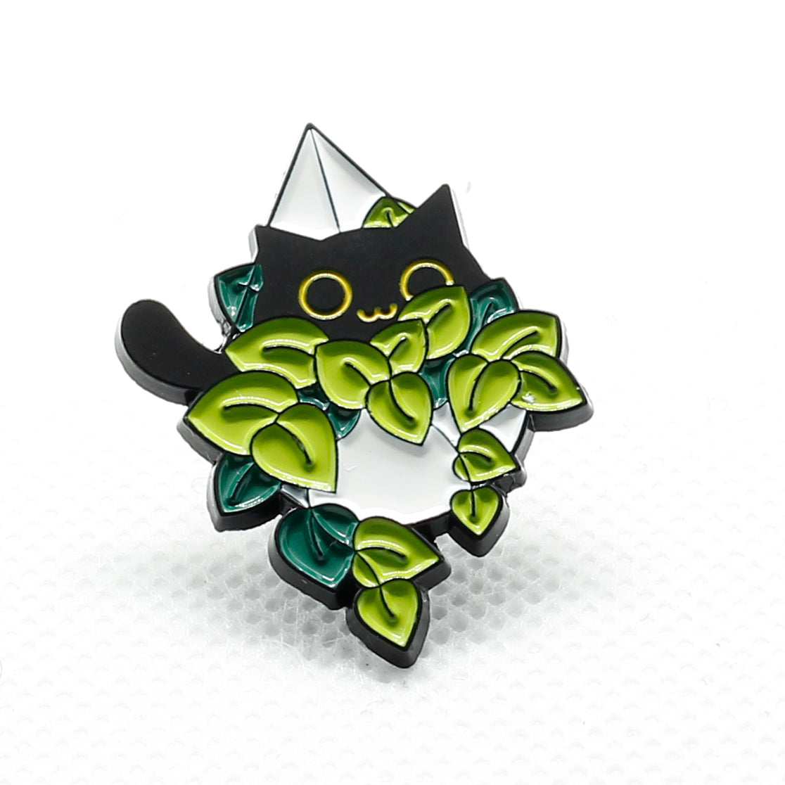 black cat in a hanging plant badge